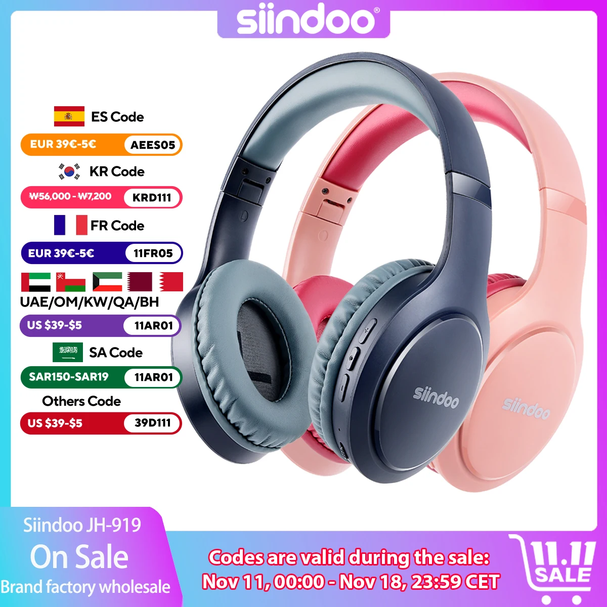 Siindoo 접이식 무선 헤드폰 스테레오 블루투스 이어폰, 하이파이 딥 베이스 마이크 JH-919, 3EQ 사운드 모드, 노트북용 블루
