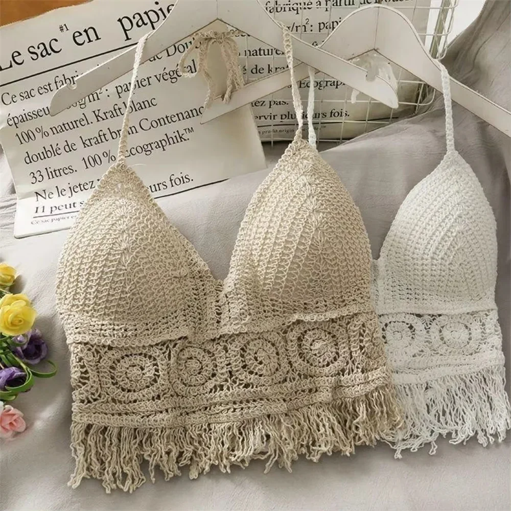 여성용 Boho Fringe Backless 홀터넥 넥타이 넥 속옷 겉옷 목에 매달려 자수 술 서스펜더 조끼 짧은 탱크
