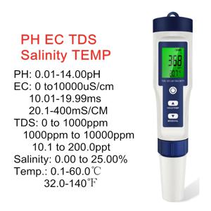 5 In 1 디지털 PH TDS EC 미터 염분 온도 테스터 전도도 워터 필터 순도 펜(백라이트 포함)