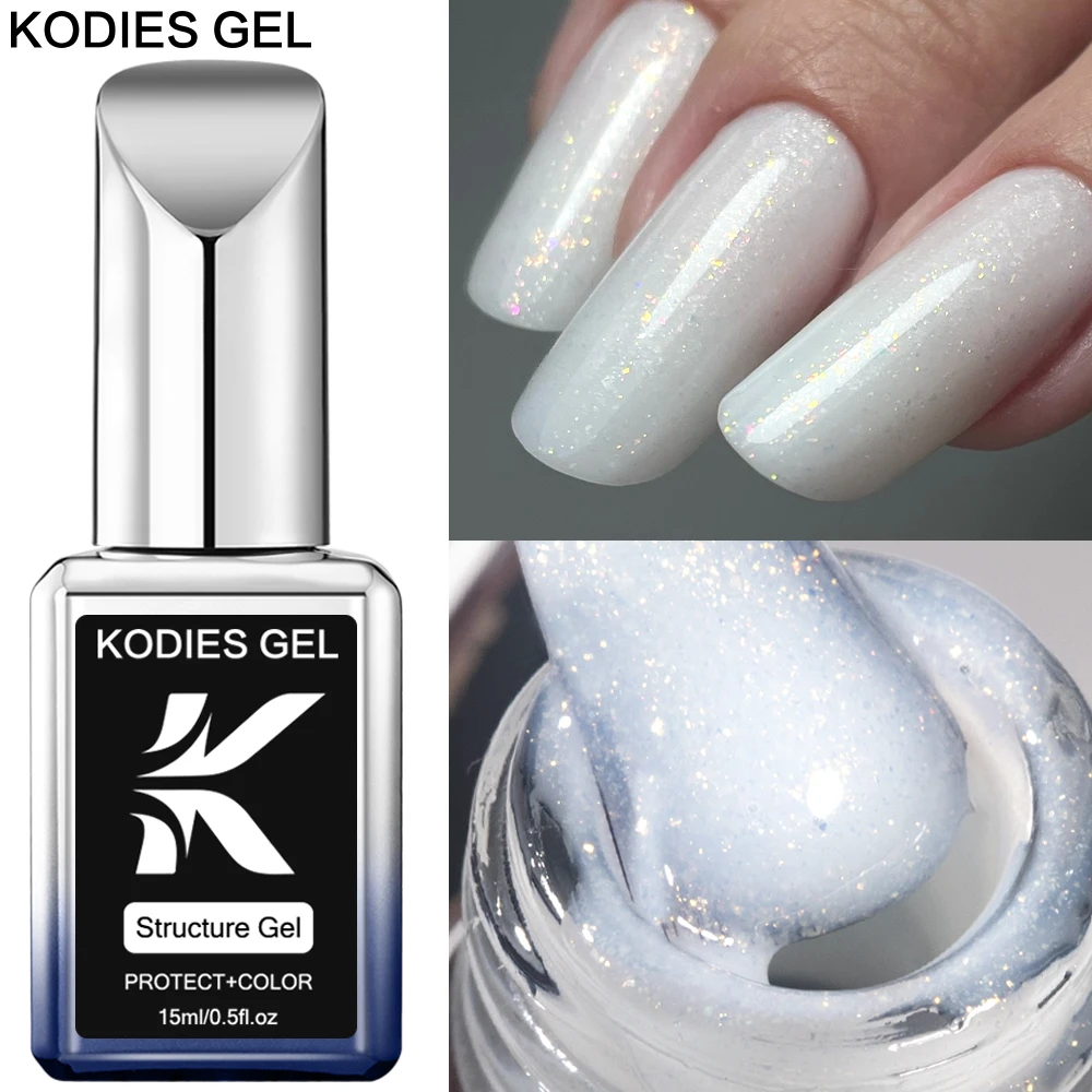 KODIES 젤 키티 화이트 고무 베이스 젤 매니큐어 펄 샤인 15ML 세미 퍼머넌트 UV 셀프 레벨링 구조 건설 젤