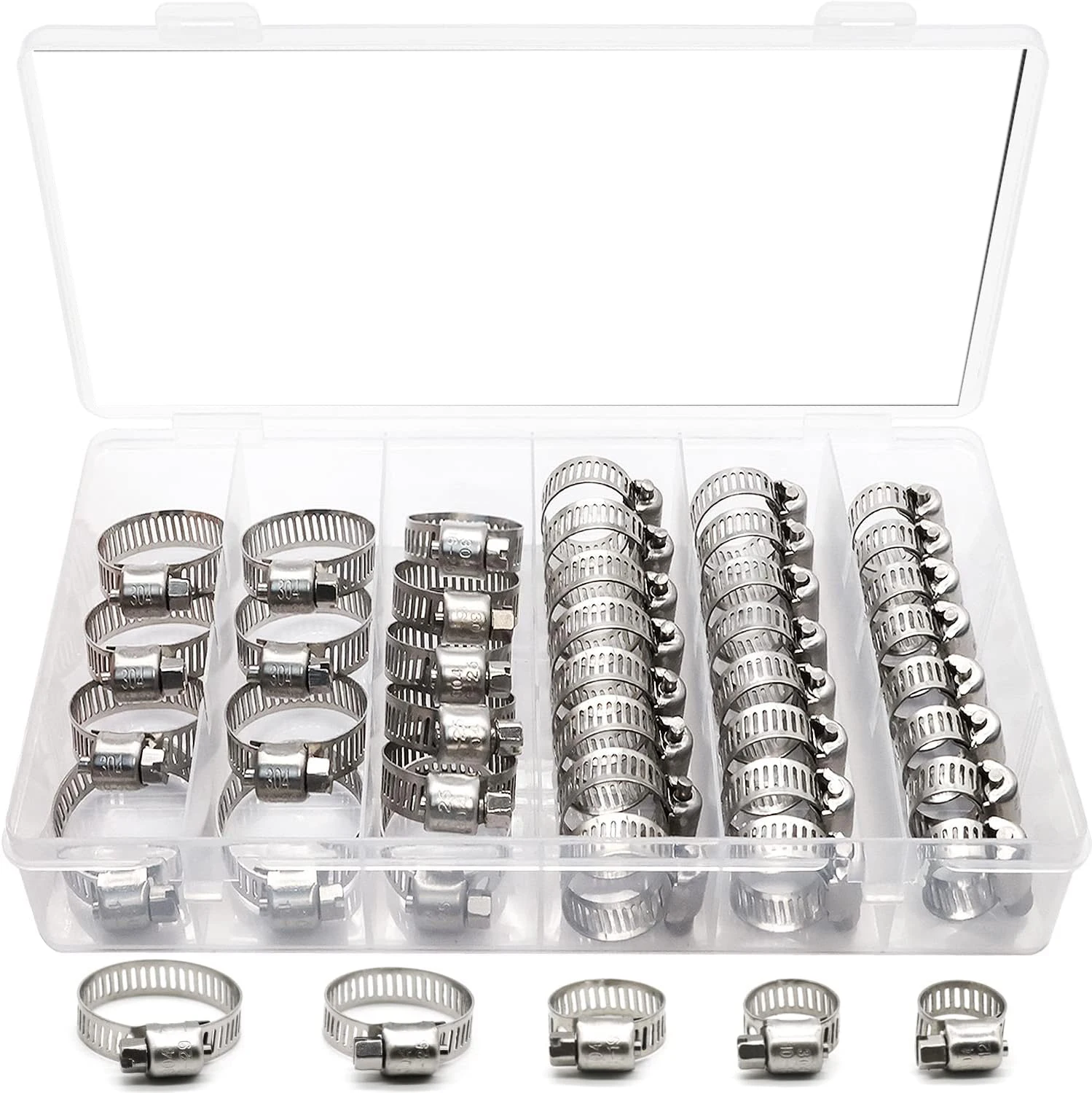 40pcs 상자 포장 8-29mm 스테인레스 스틸 아메리칸 스타일 목구멍 클램프 박스 클램프 조합 클램프 링 클램프 링 조인트
