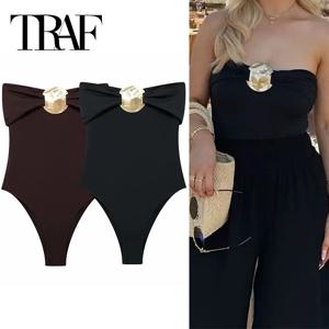 TRAF 오프 숄더 블랙 여성 바디 민소매 꽉 바디 슈트 란제리 섹시한 백 레스 바디 슈트 여성 여름 원피스 수영복