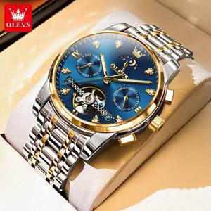 OLEVS 9910 오리지널 남성용 시계 럭셔리 스켈레톤 스테인리스 방수 자동 날짜 표시 손목시계 자동 기계식 남성 시계
