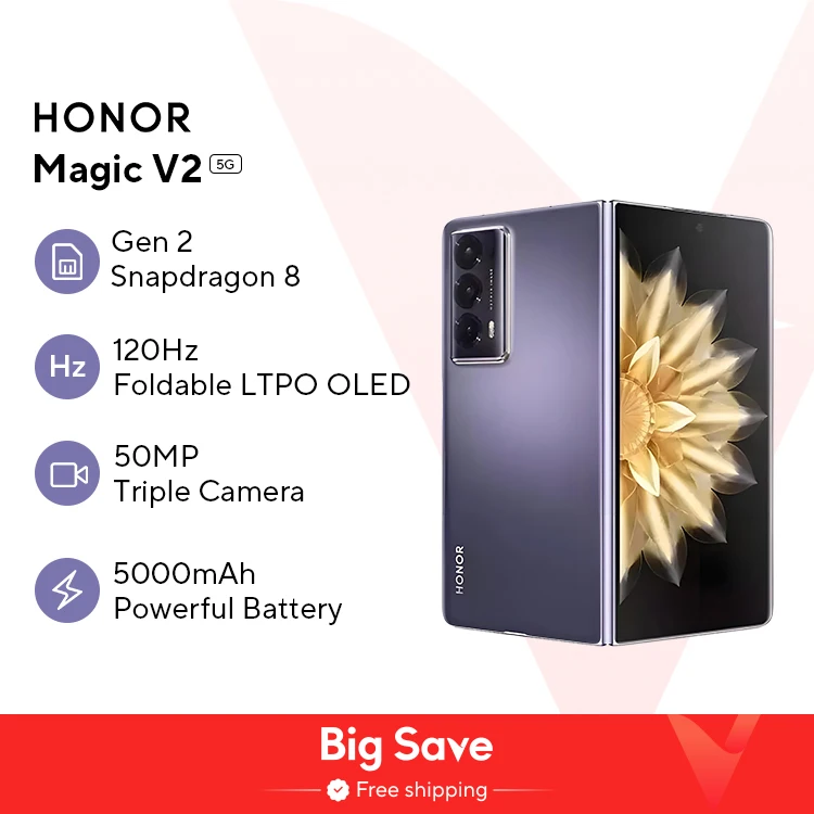 Honor Magic V2 글로벌 버전 접이식 LTPO OLED 120Hz 디스플레이, 7.92 인치 50MP 후면 카메라, 스냅드래곤 8 + 2 세대 5000mAh 66W NFC, 5G