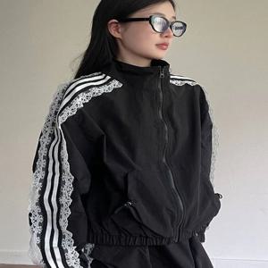 여성용 빈티지 그런지 레이스 패치워크 코트, 하라주쿠, 느슨한 드로스트링 재킷, 스트리트웨어, 스탠드 넥, 가을 재킷, Y2k 미적