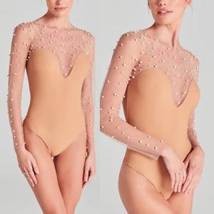 우아한 여성용 O-넥 슬림핏 롬퍼 비드 패치워크 원피스 점프수트, 캐주얼 긴팔 바디수트 플레이수트, 2025 용수철 가을