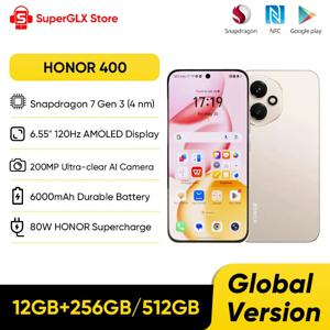 오리지널 HONOR 400 글로벌 버전 5G 스마트폰 6.55인치 120Hz AMOLED 디스플레이 스냅드래곤 7 Gen 3 200MP 6000mAh 80W 슈퍼차지 NFC