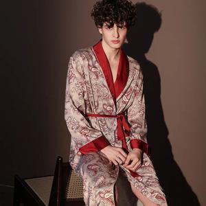 고품질 새틴 잠옷 정장 남성 여름 남성 목욕 가운 얼음 실크 얇은 잠옷 남성 긴 소매 가운 사계절 유카타