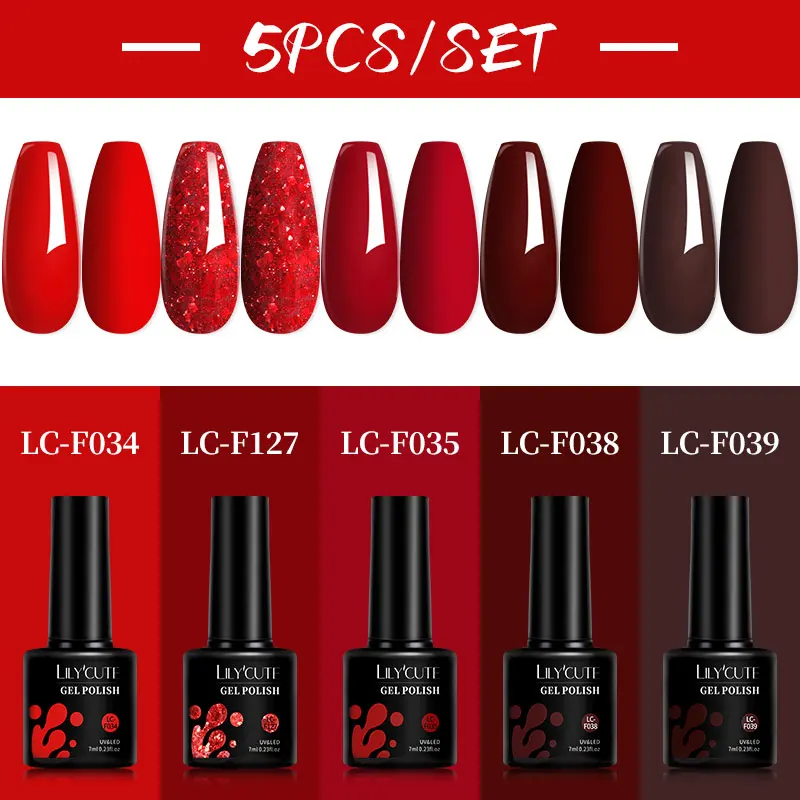 LILYCUTE 5 개/대 7ML 레드 브라운 네일 젤 DIY 네일 아트 세미 퍼머넌트 UV 젤 폴란드어 오래 지속되는 디자인 매니큐어 키트 용품