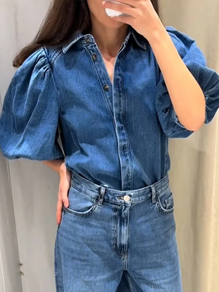 데님 세련된 하프 퍼프 슬리브 셔츠 여성 싱글 브레스트 루즈 턴-드온 칼라 우아한 셔츠 봄 스트리트 캐주얼 레이디 탑