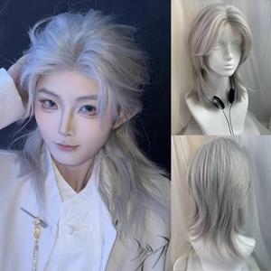 로리타 합성 가발 이마 레이스 늑대 꼬리 짧은 곱슬머리 실버 그레이 레이어링 데일리 푹신한 가발 풀 헤드 남여 공용 데일리 할로