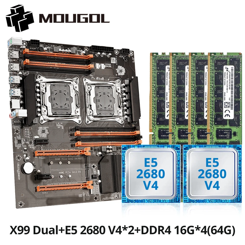 MOUGOl X99 듀얼 CPU 게임용 마더보드 세트 lntel Xeon E5 2680 V4&DDR4 64GB(4*16GB) LGA2011-3 M.2 NVME 서버 컴퓨터 호스트용