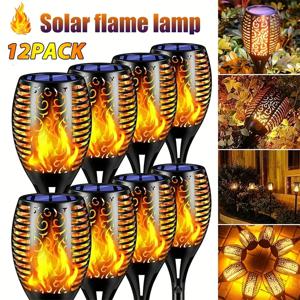 1-12PCS 12LED 태양 불꽃 토치 조명 깜박이는 빛 방수 정원 장식 야외 잔디 경로 마당 파티오 플로어 램프