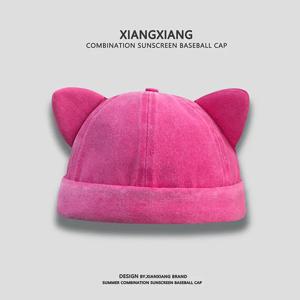 챙 없는 귀여운 고양이 귀 모자, 여름 패션 만능 개성 멜론 스킨 모자, 워싱된 올드 트롤 모자 여성용