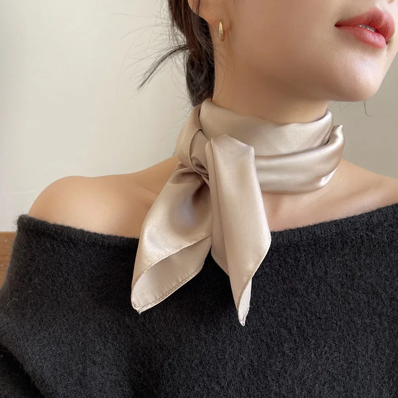 럭셔리 솔리드 70*70cm 실크 스퀘어 스카프 여성 소프트 새틴 헤어 밴드 Neckerchief 넥타이 여성 머리띠 풀라 가방 리본 선물