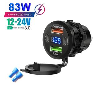 86W 차량용 충전기 PD 타입 C QC3.0 고속 충전 전압계 전원 콘센트 어댑터 방수 12V/24V 자동차 보트 오토바이용