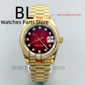 BLIGER 36mm39mm 럭셔리 장식 다이아몬드 베젤 시계 NH35 풀 골드 케이스 사파이어 선버스트 그라디언트 레드 다이얼 다이아몬드 인덱스