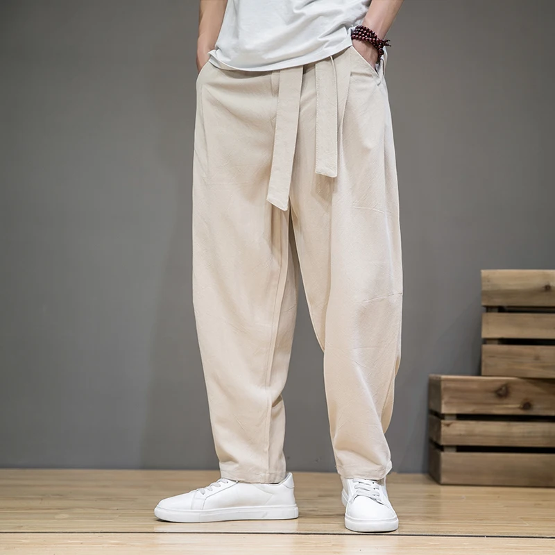봄 코튼 린넨 바지 남성 탄성 허리 캐주얼 하렘 바지 느슨한 운동복 중국어 번체 바지 Pantalons homme