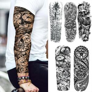 나침반 로봇 팔 임시 문신 슬리브 남성 여성 현실적인 가짜 해골 천사 전체 팔 Tatoos 마오리 토템 문신 스티커