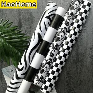 현대 PVC 블랙 화이트 스트라이프 자체 접착 벽지 껍질과 스틱 접촉 벽 스티커 부엌 욕실 가구 장식