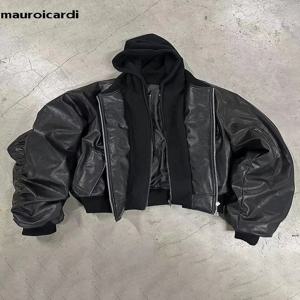 Mauroicardi 가을 겨울 대형 쿨 블랙 두꺼운 따뜻한 Pu 가죽 폭격기 재킷 남성 후드 럭셔리 디자이너 가짜 2 옷
