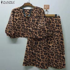 ZANZEA 봄 레오파드 프린트 매칭 세트 3/4 슬리브 오 넥 블라우스 캐주얼 바지 2PCS 여성 패션 파티 정장 오버 사이즈