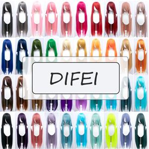 DIFEI 100CM 합성 롱 스트레이트 코스프레 가발 (Bangs 포함) 여성 애니메이션 옹 브르 가발 핑크 그린 골드 내열성 가발
