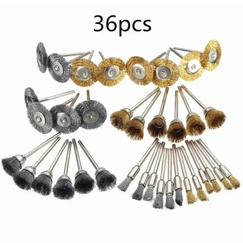 36Pcs 황동 브러시 스틸 와이어 휠 브러쉬 드릴 로타리 도구 연마 로타리 도구 금속 녹 제거 브러시 세트