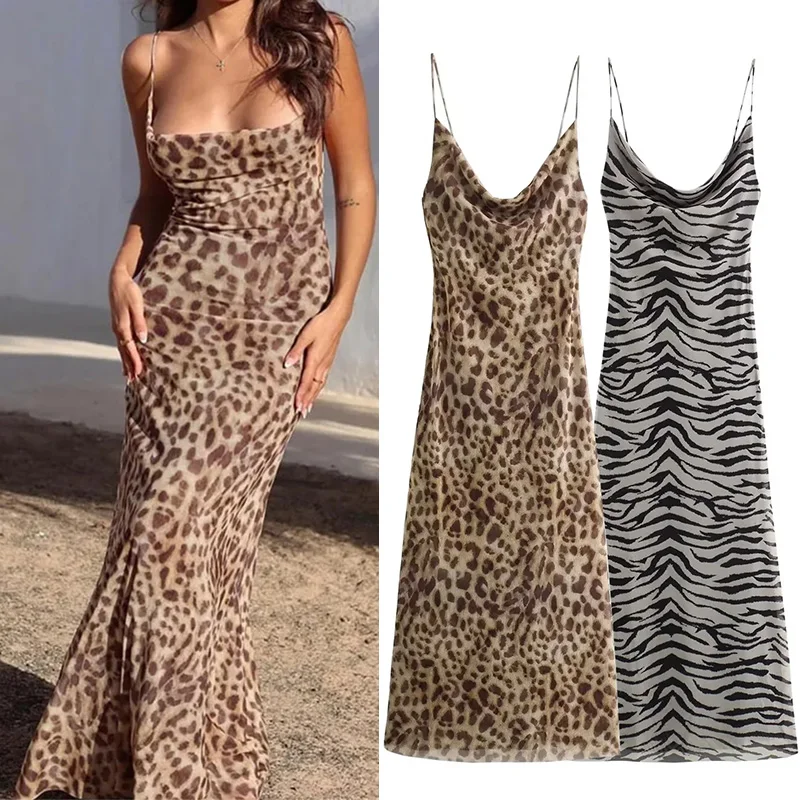 TRAF Leopard Print Tulle 슬립 드레스 여성 Backless 여름 긴 드레스 여성을위한 빈티지 섹시한 파티 드레스 Midi Holiday Dress