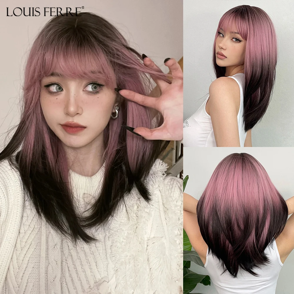 LOUIS FERRE 코스프레용 블랙 핑크 옴브레 합성 가발, 긴 스트레이트 레이어드 가발, 여성용 앞머리, 내열성 가짜 머리카락