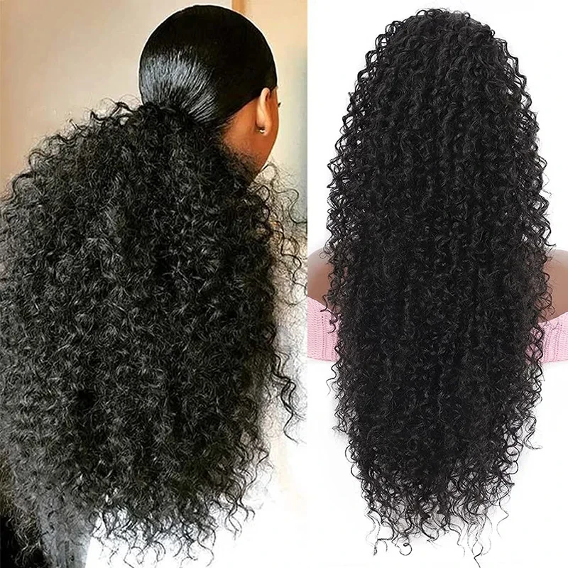 합성 Drawstring 포니 테일 확장 깊은 곱슬 내열성 인스턴트 클립 Afro Kinky Curly Hair Pieces for Women