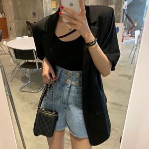 미니멀리스트 레트로 옷깃 뒤로 분할 디자인 느슨한 짧은 소매 정장 재킷 다목적 세련된 여성 패션 프리미엄 품질