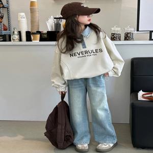 봄 가을 아동복 여아 투피스 세트, 면 소재 긴팔 스웨트셔츠와 청바지 세트 (큰아이용)