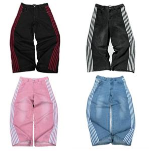 Y2K 헐렁한 청바지 하라주쿠 수 놓은 줄무늬 고품질 빈티지 streetwear 남성 여성 캐주얼 와이드 레그 데님 바지 스웨트 팬츠
