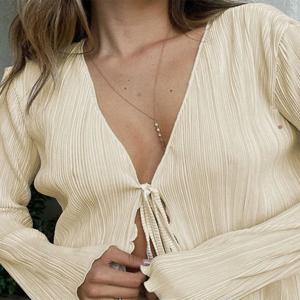 여성 Pleated Plain Shirts 봄 가을 세련된 긴 플레어 슬리브 V 넥 넥타이 카디건 탑 캐주얼 파티 스트리트