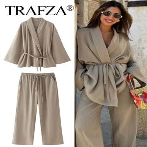 TRAFZA 여성용 루즈 와이드 레그 팬츠 세트, 패션 라펠 V넥 긴팔 얇은 블레이저 코트, 벨트 포함, 단색 세트, 2024 여름