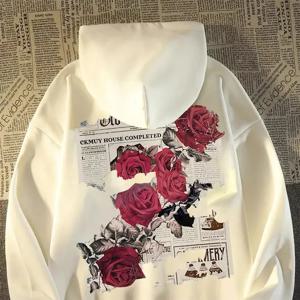 까마귀 남성 그래픽 생생한 로즈 프린트 코튼 후드 미국 복고풍 성격 streetwear 캐주얼 후드 티셔츠 남성 의류