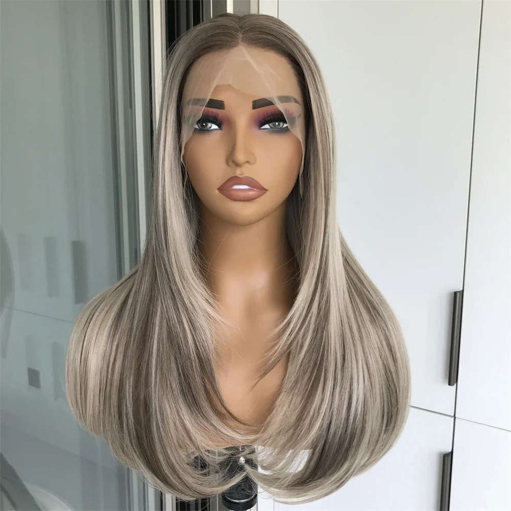 하이라이트 금발 레이어드 가발 합성 레이스 프론트 가발 여성용 스트레이트 초콜릿 브라운 컬러 Pre Plucked Lace Wig Black