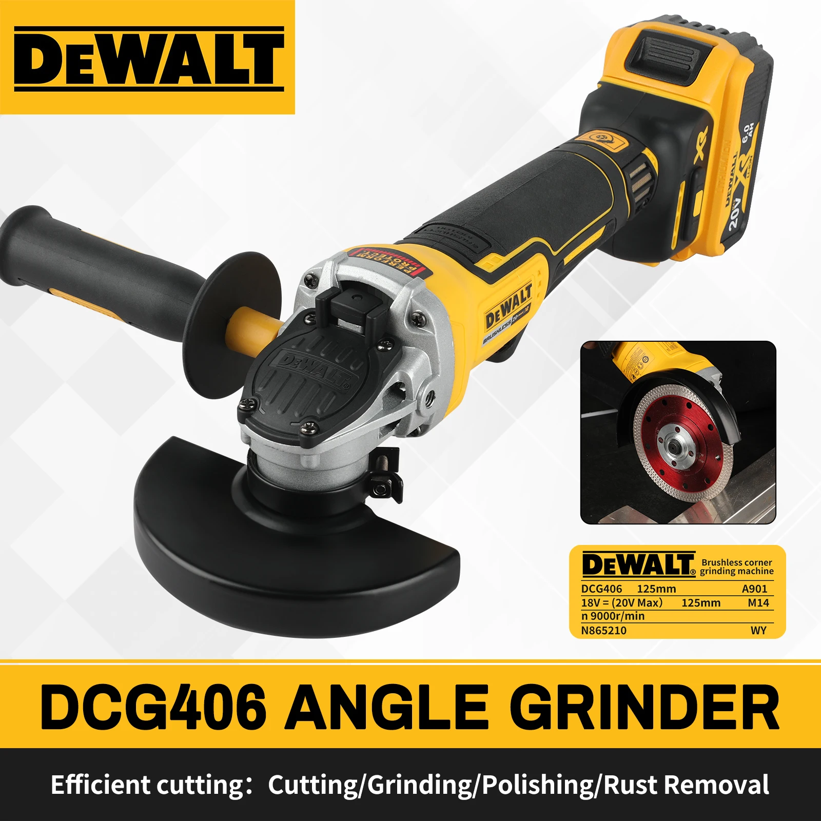 DEWALT DCG406 - 20V 고성능 브러시리스 무선 앵글 그라인더(125mm, M14) - 우수한 절단 및 연마