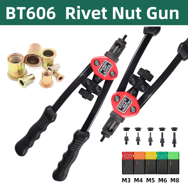 BT-606 리베 터 건 도구 스레드 핸드 리벳 너트 건 M3 M4 M5 M6 M8 더블 인서트 수동 더블 핸들 리베 터 도구 200pcs 너트