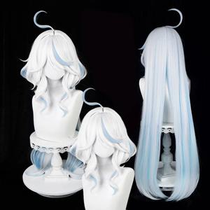 Fontaine Focalors 코스프레 가발 긴 Furina 가발 파란색 흰색 곱슬 여성 가발 내열성 머리 애니메이션 가발