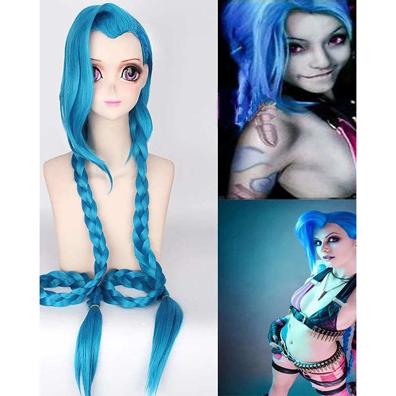HAIRJOY ​​코스프레 Lol Jinx 100cm 긴 파란색 더블 브레이드 할로윈 애니메이션 의상 가발 내열성 합성 머리카락