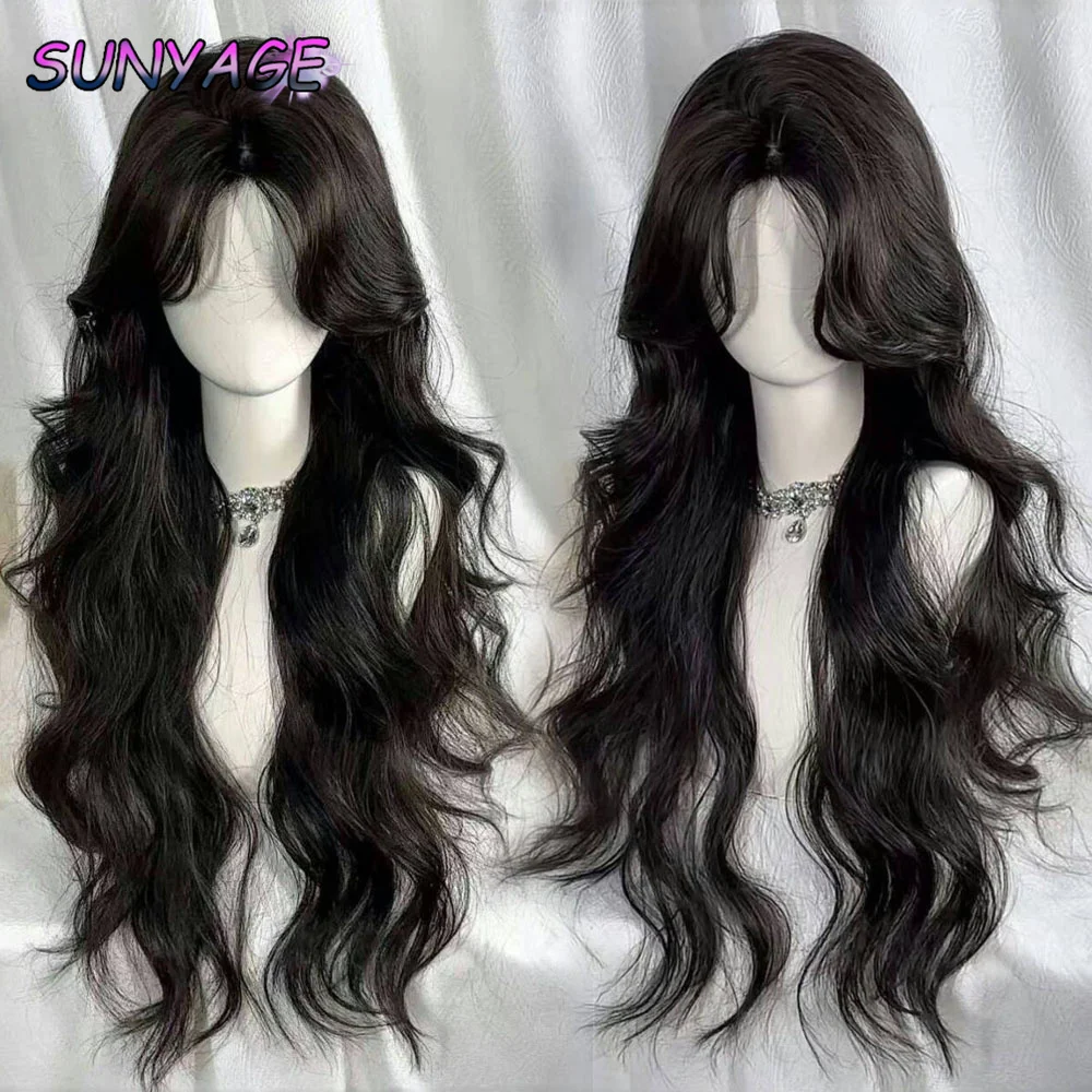 SUNYAGE 로리타 블랙 가발 여성용 긴 물결 모양의 머리카락 75cm 곱슬 가발 (Bangs 포함) 코스프레 머리띠 가발 매일 사용을위한 합성 가발