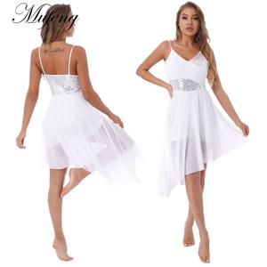 여성용 서정적 댄스 원피스, 발레 레오타드, 민소매 반짝이는 스팽글 밑단, 비대칭 라틴 댄스 원피스, 무대 공연 코스튬