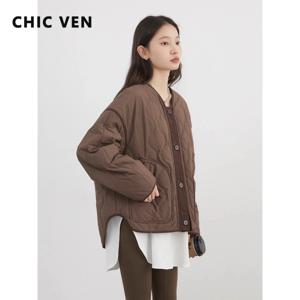 CHIC VEN 여성용 솔리드 싱글 브레스트 재킷, 루즈 캐주얼 파카, 라운드 넥, 퀼트 코트, 가을, 겨울, 2024 패션, 신상