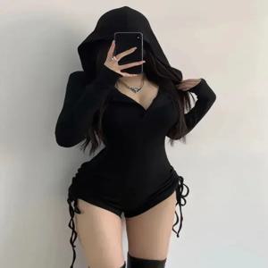 여성 Y2K Korea Gyaru Acubi 반바지 점프 슈트 미적 민소매 90s 후드 바디 슈트 캐주얼 슬림 바디 2000s Alt Clothes