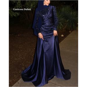 Contessa Dubai Atroceruleous Sequins 꽃무늬 댄스 파티 드레스 A라인 맞춤형 فساتين سهرة Pleats 바닥 길이 가운 드 야회