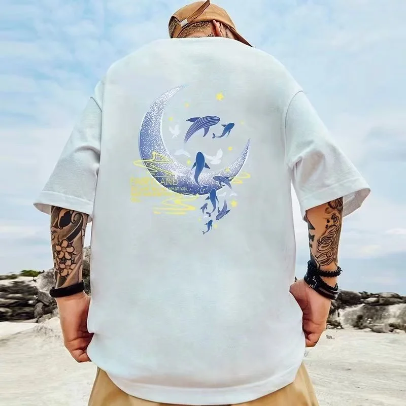 M-8XL 남성 느슨한 미국 복고풍 스타일 고래 인쇄 반팔 라운드 넥 다목적 트렌디 커플 복장