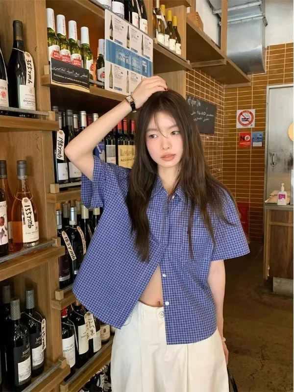 블루 캐주얼 플래드 반팔 셔츠 여성 여름 루즈 칼라 아메리칸 레트로 컬리지 스타일 새 상의 폴리에스터 섬유 레귤러 핏