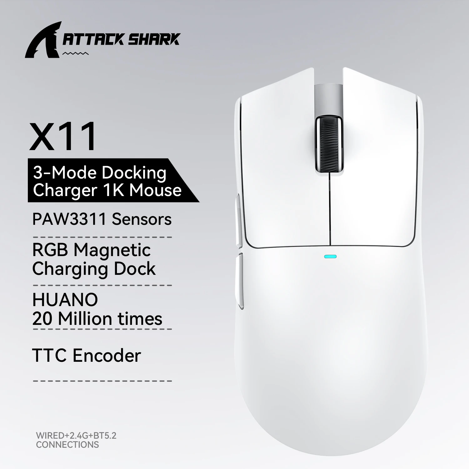 Attack Shark X11 3모드 연결/2.4GHz/블루투스, PAW3311,400IPS,22K000DPI,RGB,PC 무선 게이밍 마우스